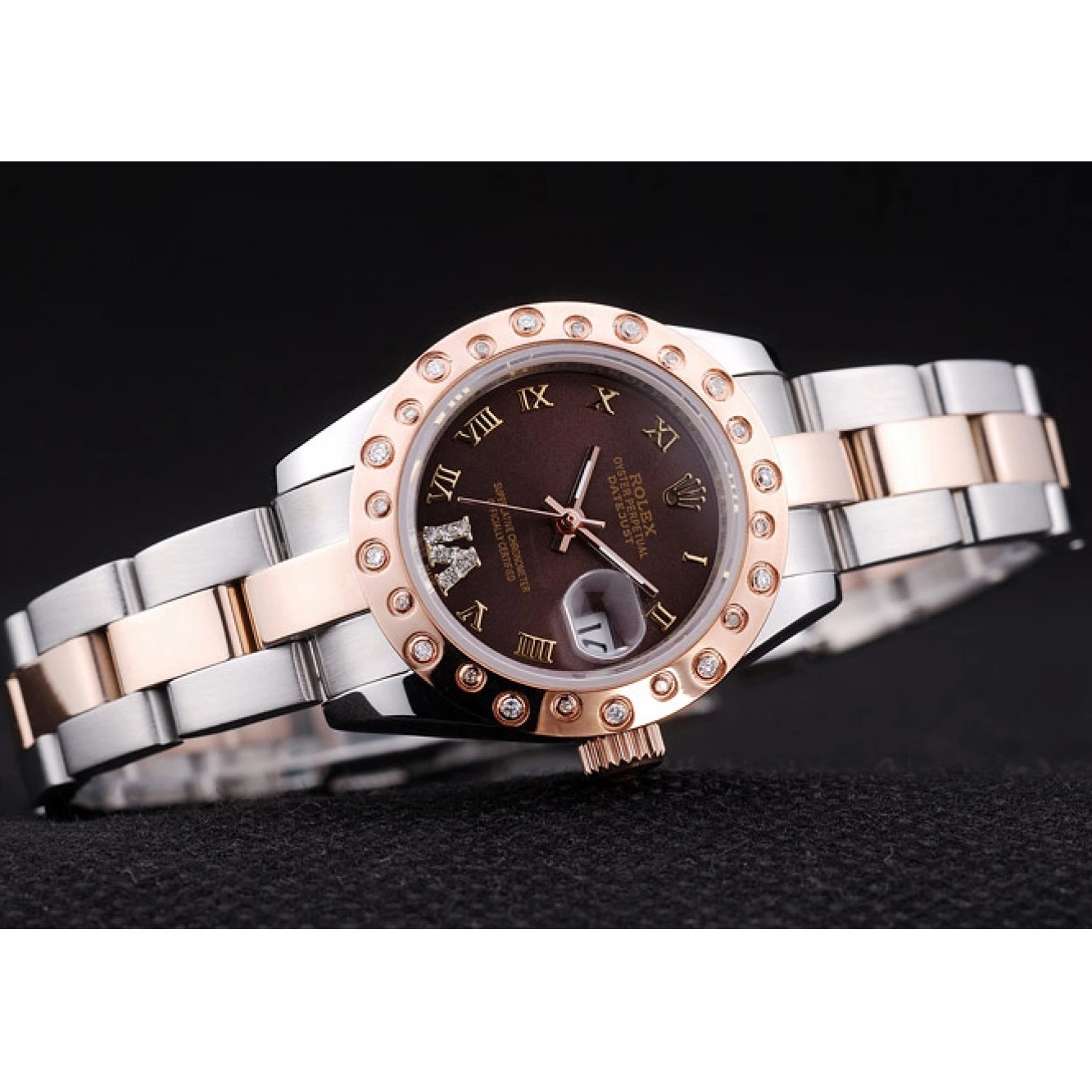 AAA replica watch Rolex Polished Diamonds Bezel 7475 Brown Datejust Gold Dial Rose 0712